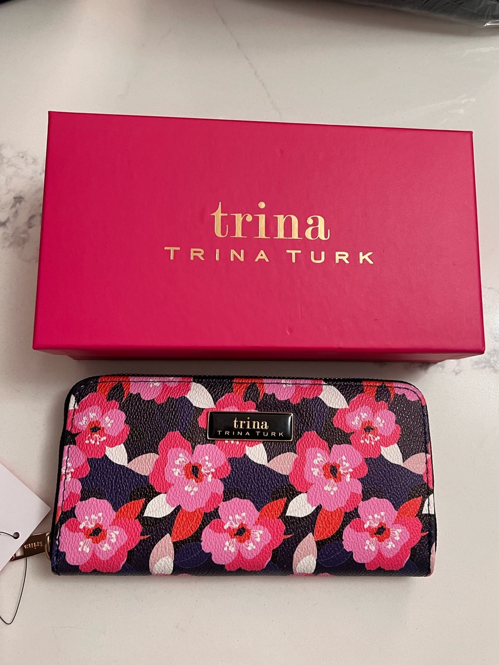 Trina Turk Pink Floral Zip-Around Wallet with Navy Accents